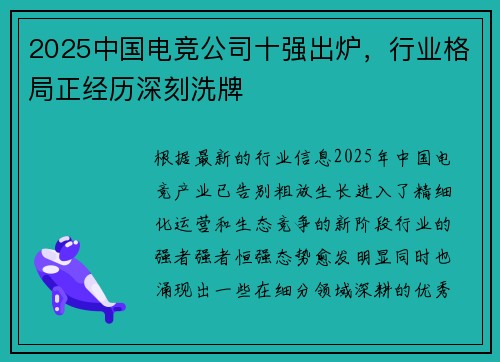2025中国电竞公司十强出炉，行业格局正经历深刻洗牌