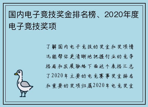 国内电子竞技奖金排名榜、2020年度电子竞技奖项